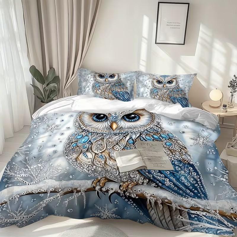 3-Piece Set with Owl on Branch Design, Includes 1 Duvet Cover and 2 Pillowcases, Snowflake Surround, Elegant and Cozy, Year-Round Use
