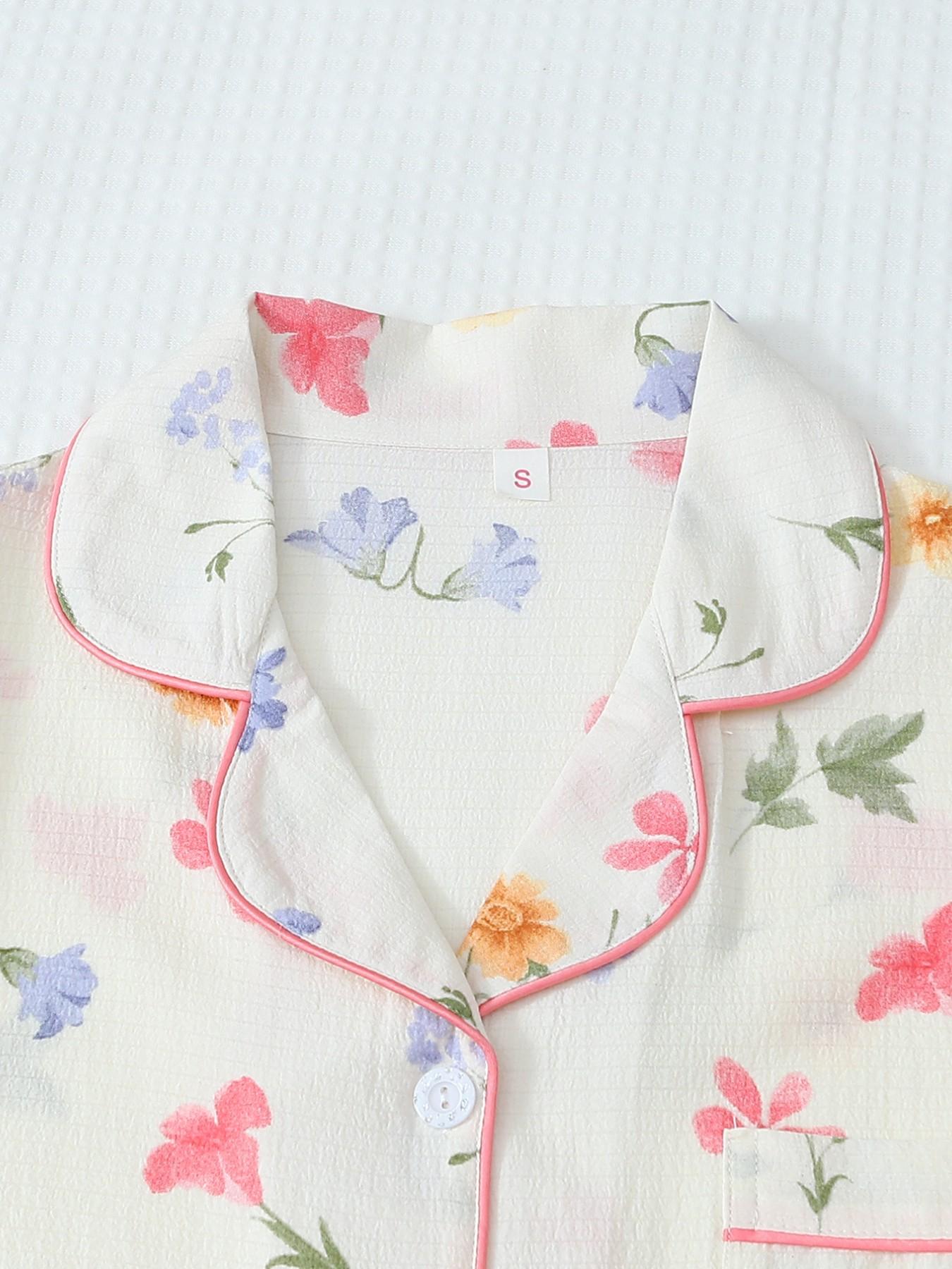 Women's Short Sleeve Button Down Top and Shorts Pajama Set, Spring Summer Wear, For Forest Style Literary Girls, Cream Base Natural Ditsy Floral Print, Classic Lapel Collar, Loose Fit, Comfortable For Home & Short Trips