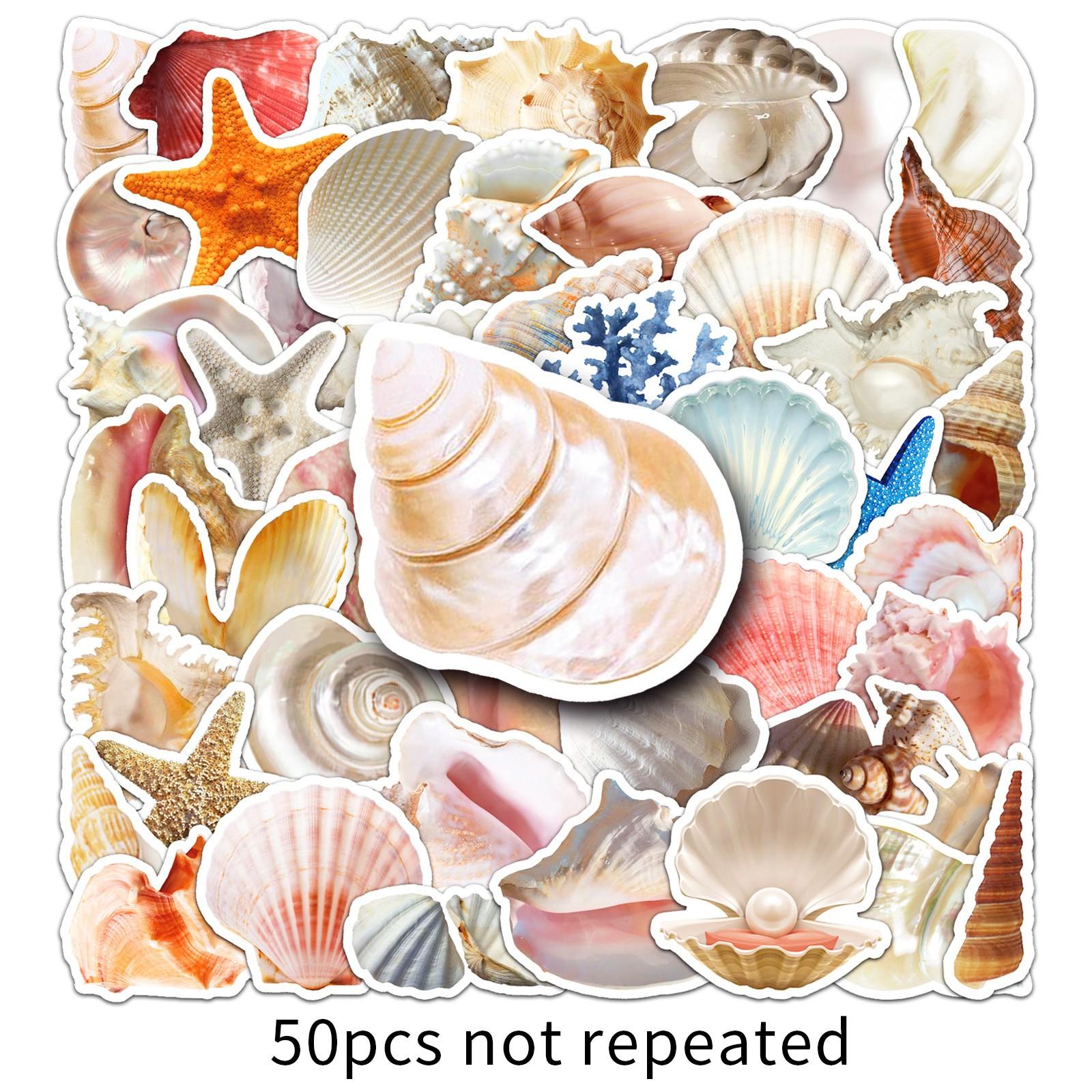 50pcs Cute Seashell Stickers, Waterproof Vinyl Decals, Cartoon Starfish Conch Pearl Stickers, DIY Scrapbook Journal Stickers Pack