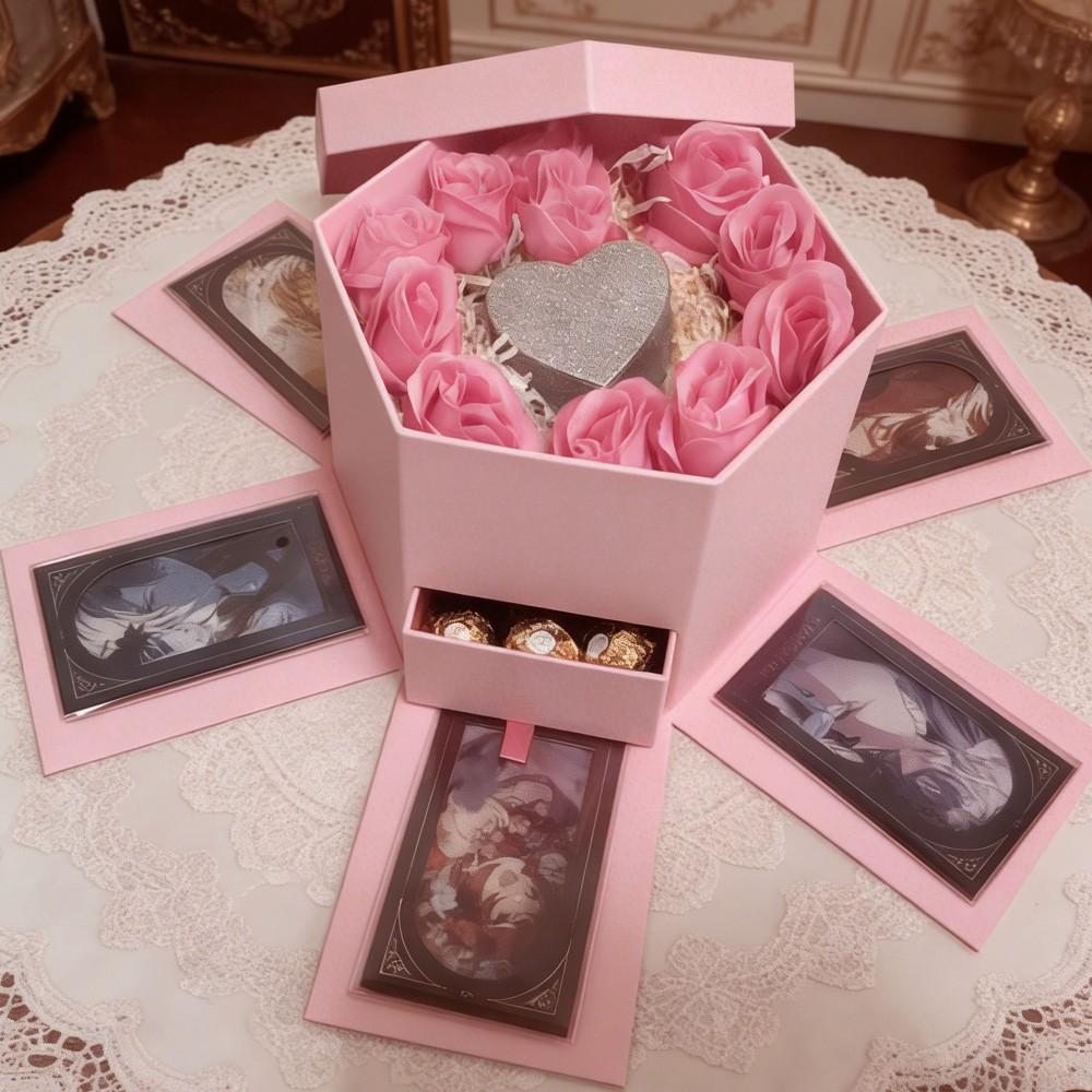 Hexagonal Flower Box with Drawer, Romantic Gift Box for Valentine's Day, Birthday, Wedding, Anniversary, Ceremony Occasion