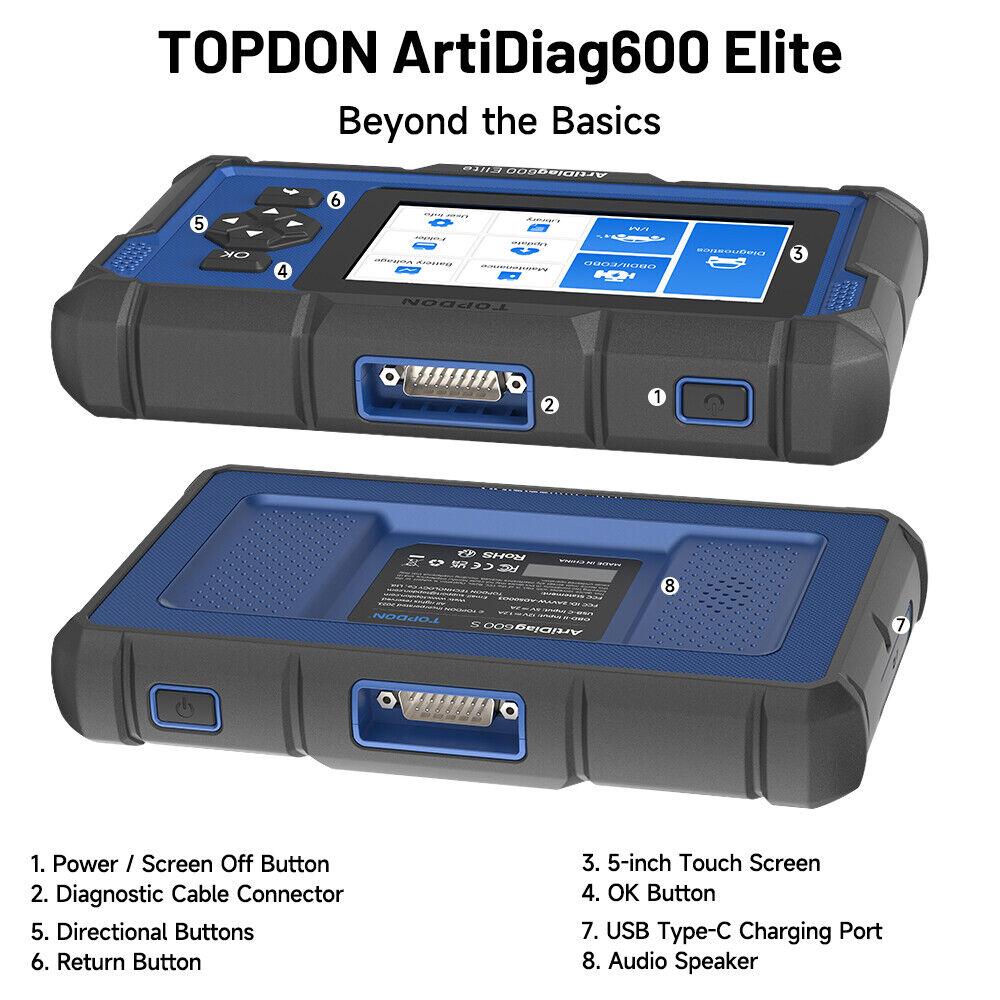 TOPDON ArtiDiag600 Elite OBD2 Scanner Full-System Car Diagnostic Tool, 13 Maintenance Services, FCA AutoAuth, Automotive Scan Tool with CAN-FD, 2-Years of Free Updates