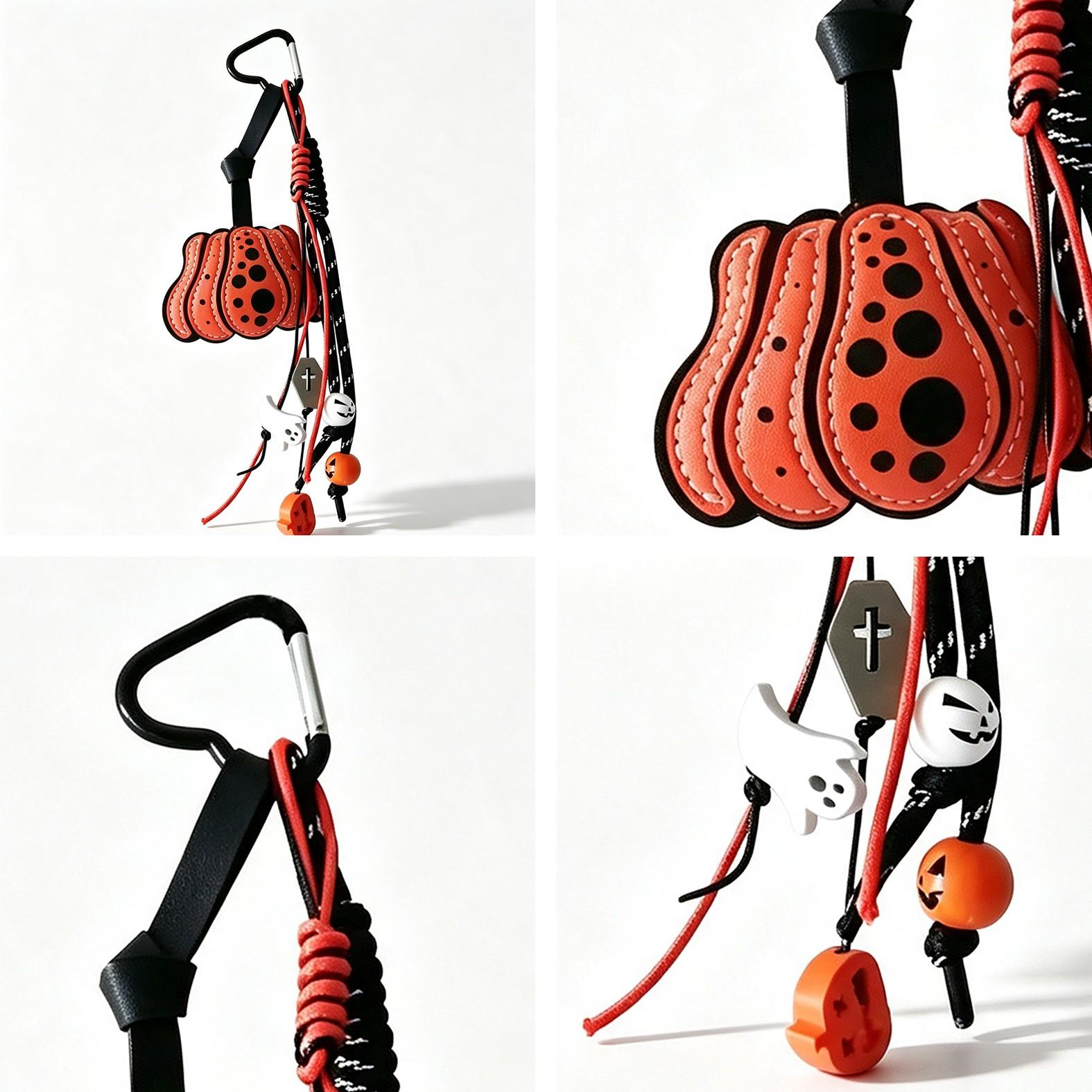 Halloween Pumpkin Bag Charm Keychain, Cute Ghost Spider Web Pendant, Spooky Leather Carabiner, Gothic Trick or Treat Accessory