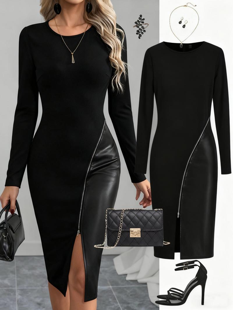 Valentine's Day Women's Solid Color PU Leather Patchwork Zipper Bodycon Dress, Elegant Slim Fit Long Sleeve Party Dress, Casual Fashion Clothing