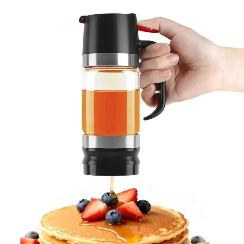 1 Count Glass Honey Dispenser Canister - No-Drip Spout, Press-to-Pour, Handle, Easy-Clean Cap, Reusable Refill Bottle, Bottom-Spout Seal, Leak-Proof Dishwasher-Safe Kitchen Gadget for Dispensing, Maple-Syrup Ready, Ideal for Pancakes, Tea, Baking
