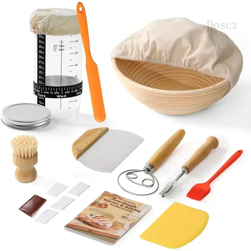 Complete Bread Proofing Basket Kit |   -in- Set with Banneton(9 in), Sourdough Starter Jar Kit, Bread Lame, Dough Scraper, Whisk,  & Tools