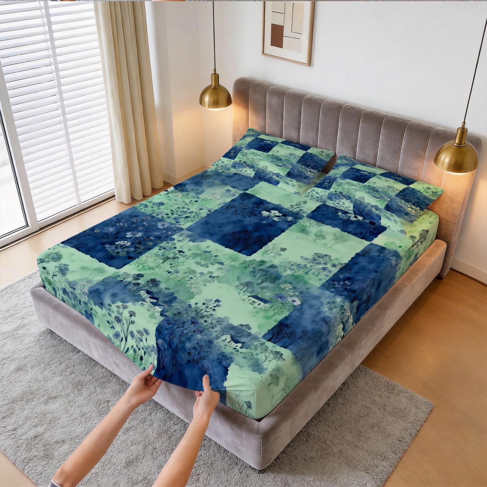 3 Pcs Watercolor Landscape Checkered Fitted Sheet Set, HD Digital Printed Fitted Sheet (No Insert), Soft Breathable Deep Pocket Mattress Cover, Aesthetic Bedroom Decor Bedding Set