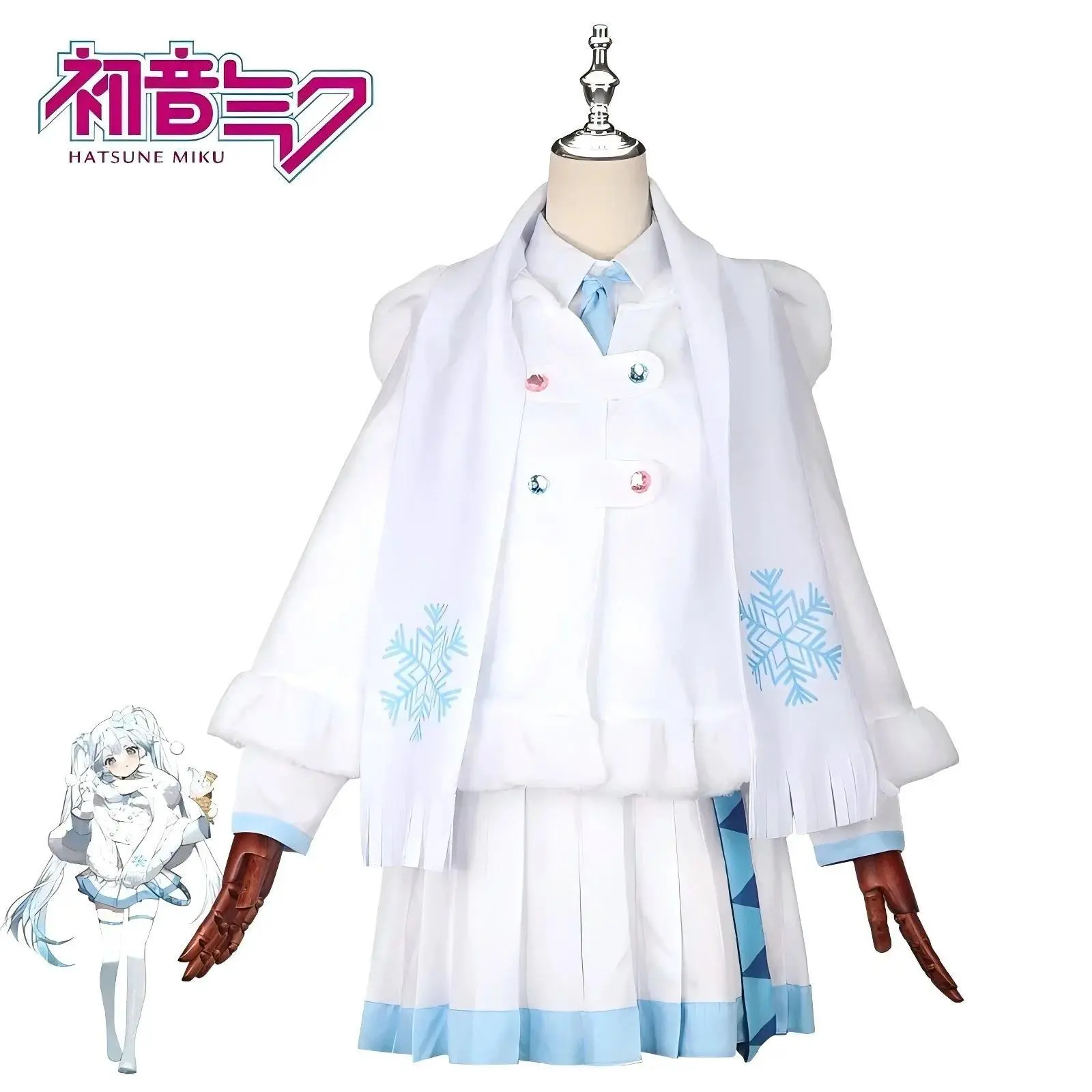 9PCS Anime New Snow Mikkuu Cosplay Costume Sweet Shawl Dress Halloween Party Christmas Outfits for Women Men Girls Full Set