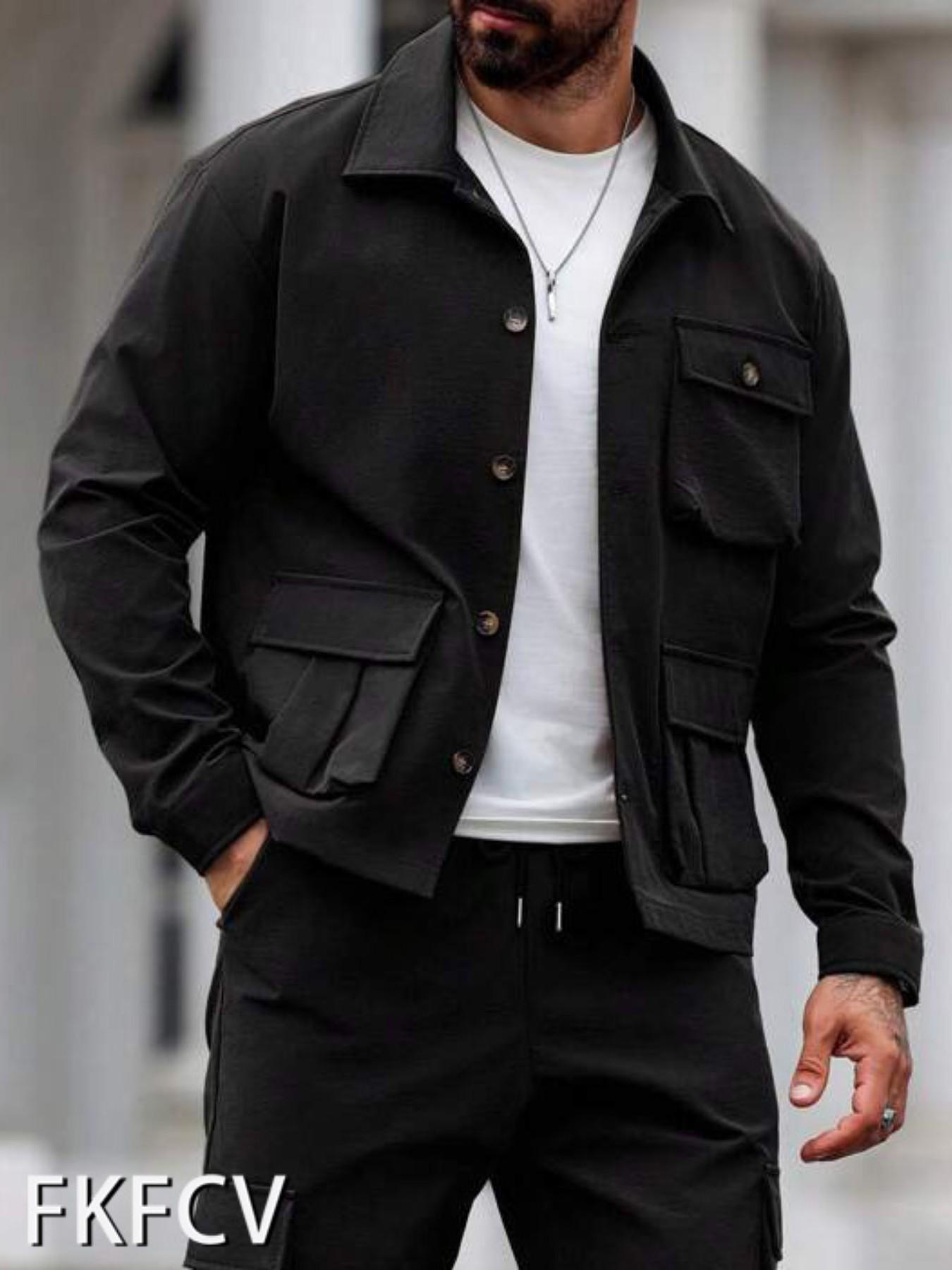 Fkfcv High-Quality Fabric Men's Jacket, Stylish Classic Long Sleeve Streetwear with Pockets, Perfect for Cold Autumn and Winter Seasons