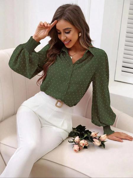 Elegant Textured Fabric Lantern Sleeve Shirt Blouse for Spring & Fall, Perfect for Work & Daily Wear, Stylish Plain Design