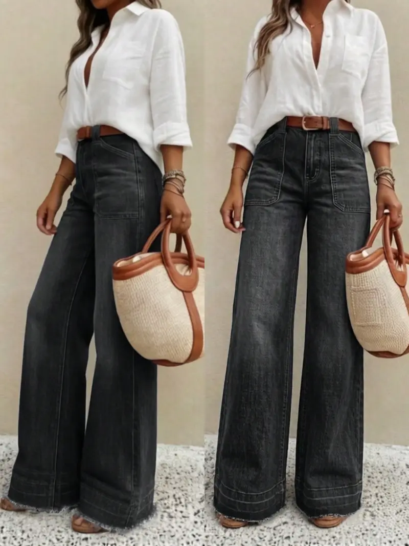 Women's Elastic Jeans, Vintage Washed Wide Leg, High Waist Slimming, Casual Daily Wear, No Belt Included, Loose-Fitting, All Seasons