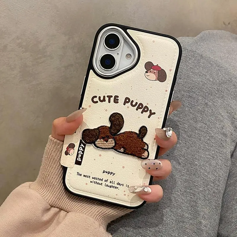 Cute 3D Embroidery Puppy Leather Texture Case For iPhone 16 15 13 14 Pro Max Soft Shockproof Phone Back Cover