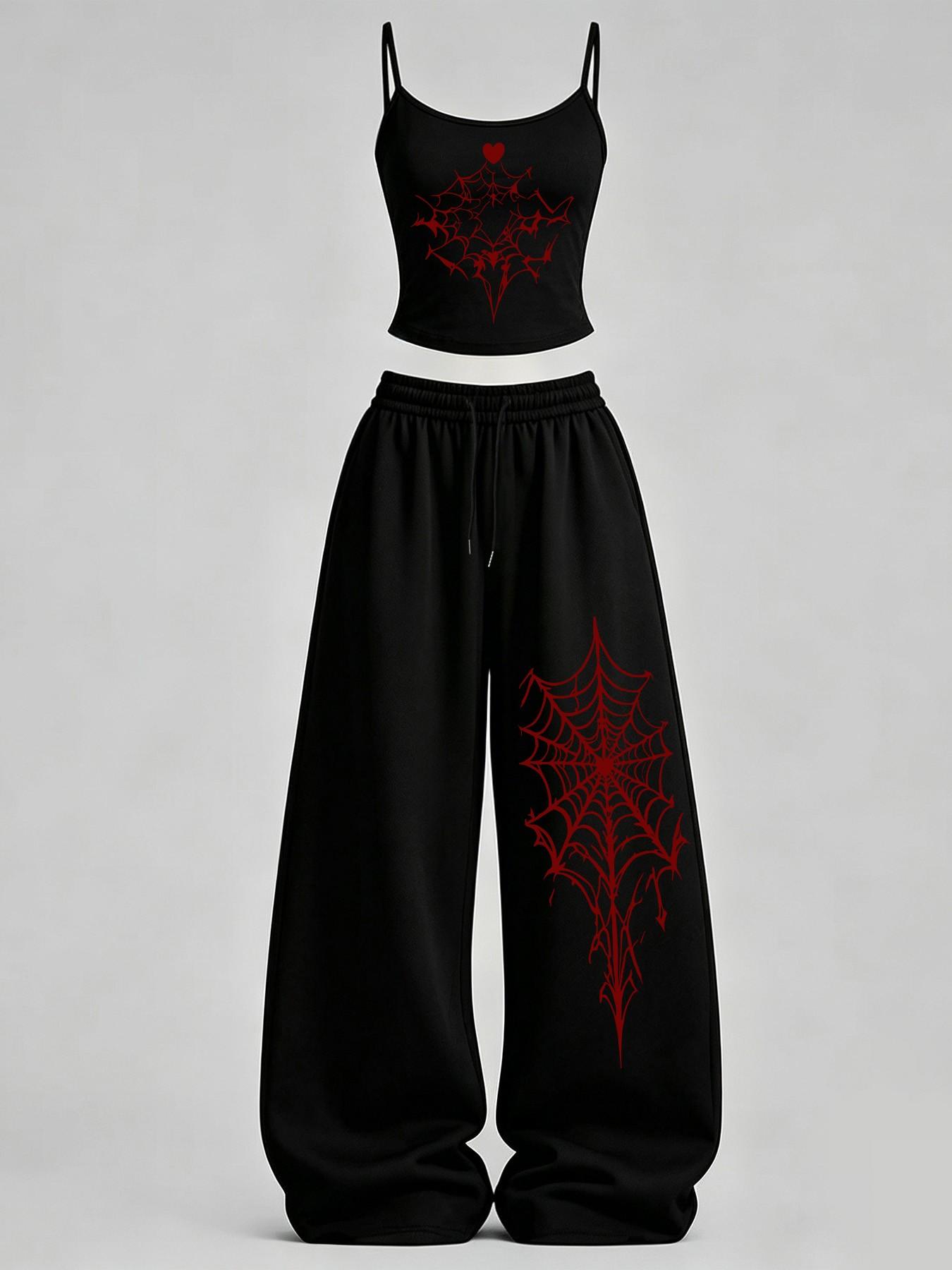 Women's Spider & Butterfly Print Slim Fit Tank Top + Loose Pants Set, Y2K Street Style, Casual Daily Wear, Home Leisure