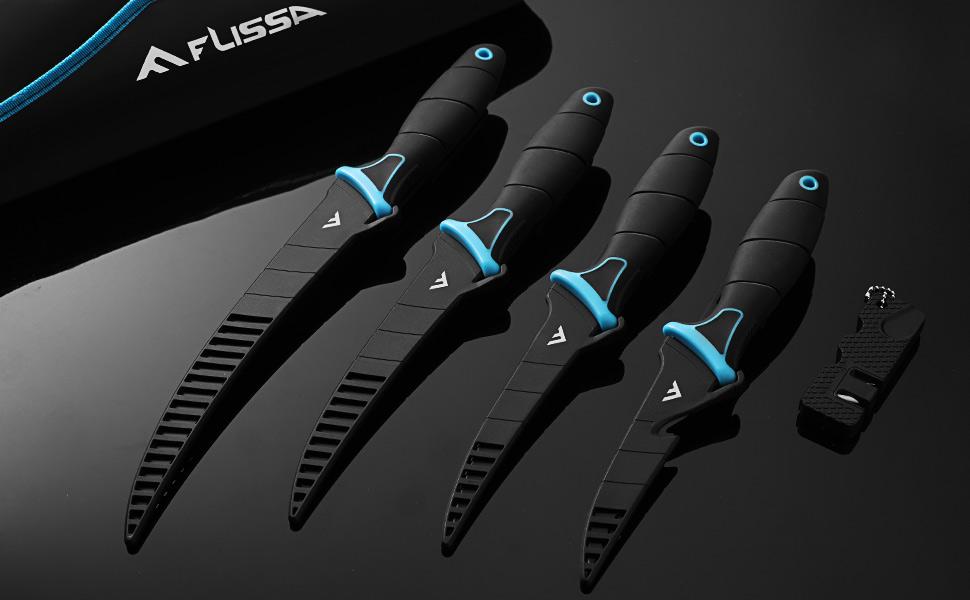 #JumpstartSale FLISSA Fillet Knife Set, Boning Knife & Bait Knives with Sharpener, Protective Sheath, Belt Clip, Non-Slip Handle, Portable Pouch & Corrosion Resistant Coating Blade, for Fresh or Saltwater (4-Pack)