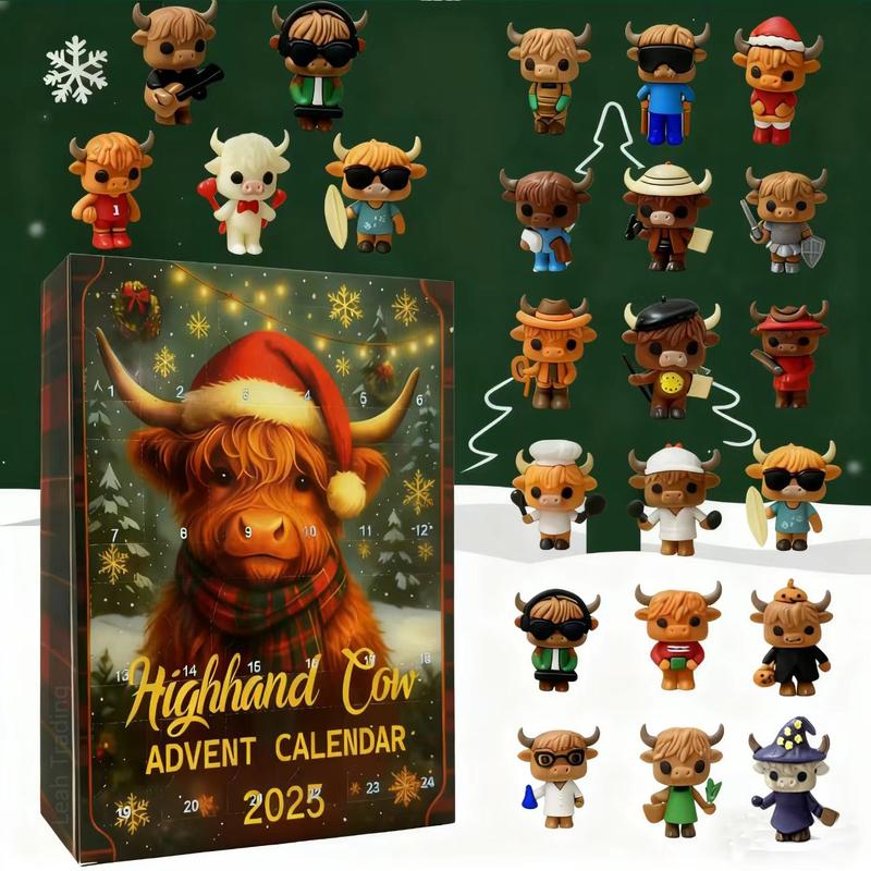 2D Graphic Design, 2025 24 Days of Christmas Countdown Calendar with 24 Collectible Mini Cows - Scottish Theme Christmas and Halloween Countdown Calendar, 1-24 Numbered Doors, Daily Cow-Shaped Display, Christmas Decoration