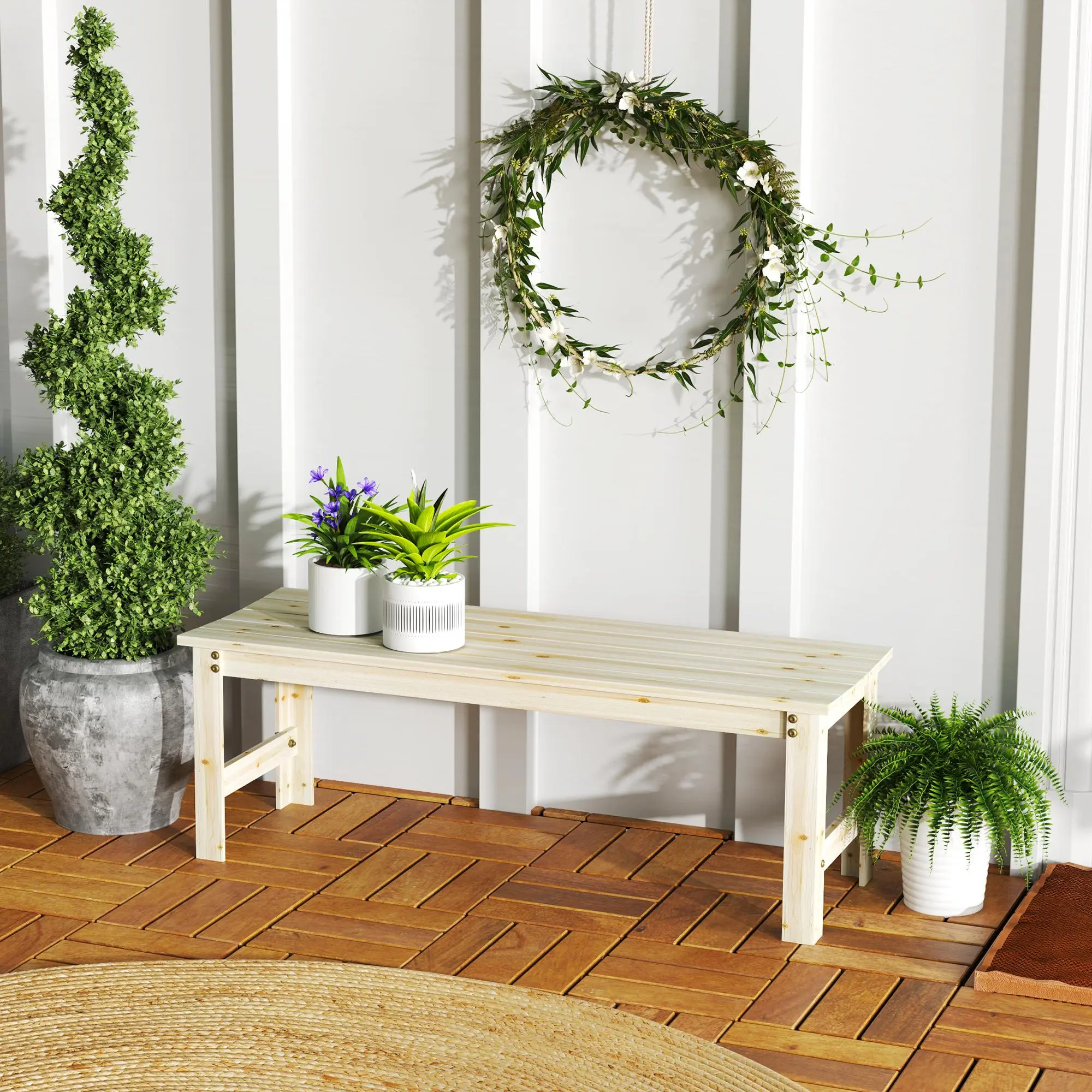 Outsunny 2 Seat Wooden Garden Bench, Outdoor Patio Bench with Slatted Seat, Backless Porch Bench for Backyard, Deck, Balcony, Park and Garden, Solid Wood Outdoor Seating Furniture, Rustic Entryway Bench for Relaxing and Decorative Use