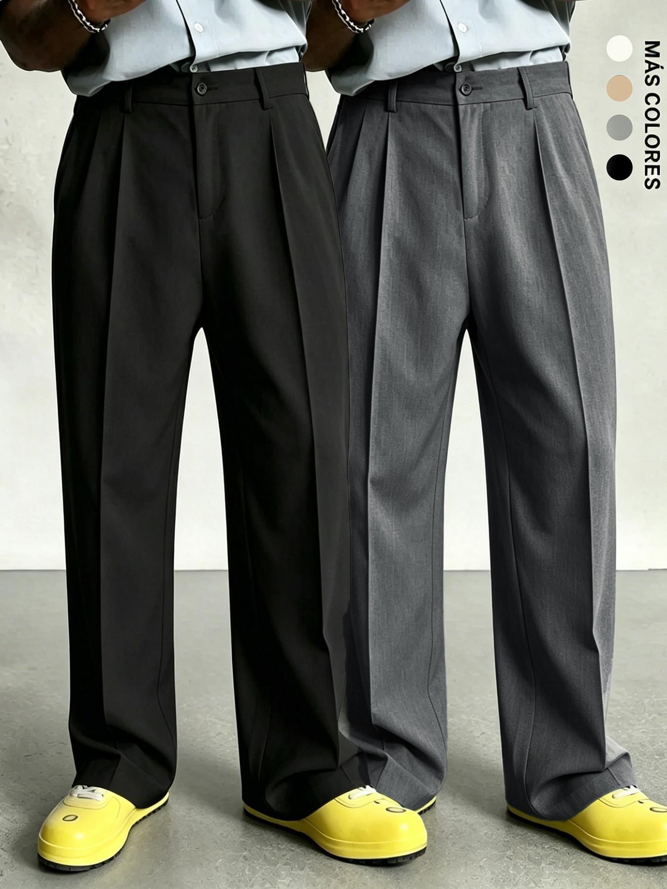 Men's Pleated Wide Leg Suit Pants, Formal Wear, Casual Loose Fit, Business & Street Style, Mid Waist, Drawstring Waist, Adjustable Pants, All Seasons
