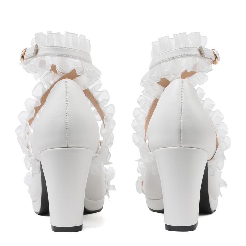 CYNLLIO Womes Chunky Block Heel Rounded Toe Cross Ruffle Ankle Strap Pearl Bow Kawaii Pumps Slip On Comfy Fashionable Wedding Party Cosplay Dating Casual Spring Mary Jane Shoes Valentine Gifts