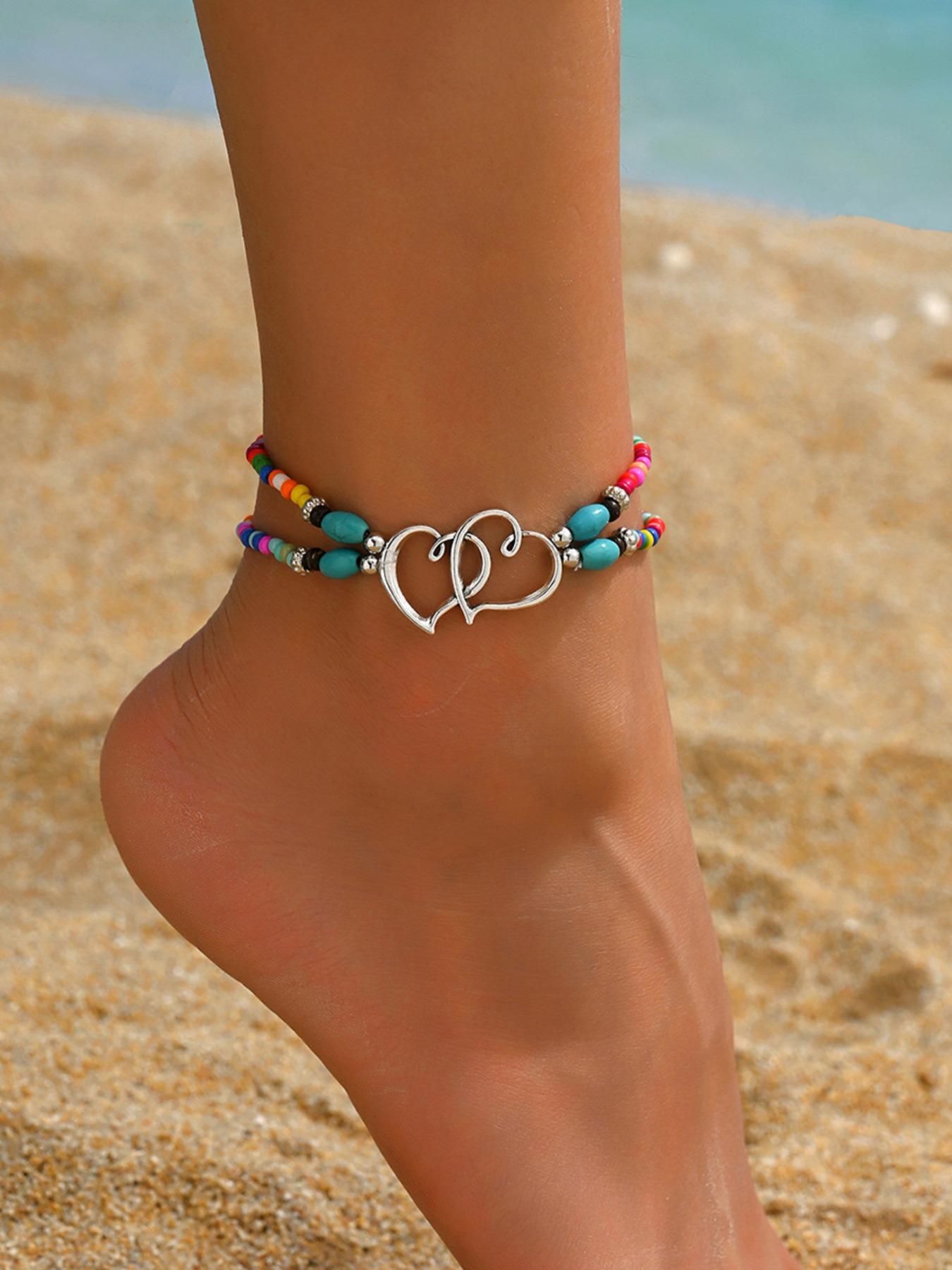 Fresh and Simple Beach Summer Double Heart Rice Beads Anklet, Multilayer Beaded Anklet for Women, Daily Casual Wear, Valentine's Gift