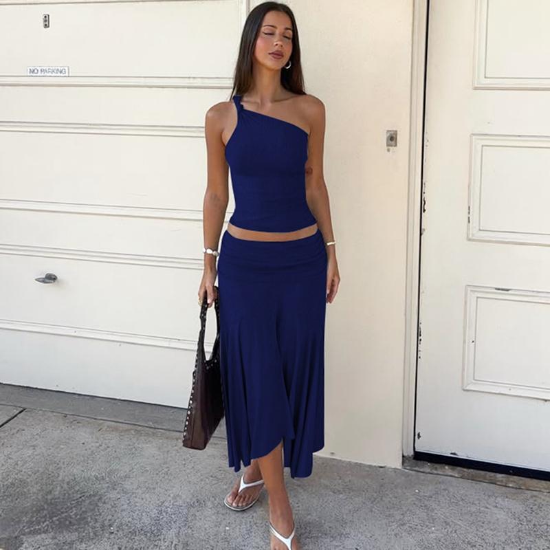 Women's Solid Color Cami Top & Skirt Two-piece Set, Sleeveless Top & Skirt, Ladies Summer Clothes for Daily Wear, Suits, Matching Skirt Set