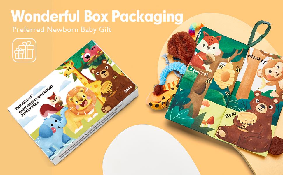 Hahaland Jungly Tails Baby Cloth Book -  Infant Tummy Time Toy Sensory Toys Touch Feel Baby Gifts for Boy Girl Early Learning Toy Early Education Montessori Sensory Infant Toy Newborn Baby Shower Gift