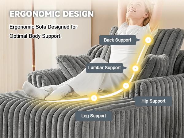 63" Oversized Chaise Lounge Chair Indoor, Boneless Couch Chair with 3 Pillows, Comfy Reading Chair with Wide Arms, No Assembly Required Corduroy Couch, Sleeper Sofa for Living Room