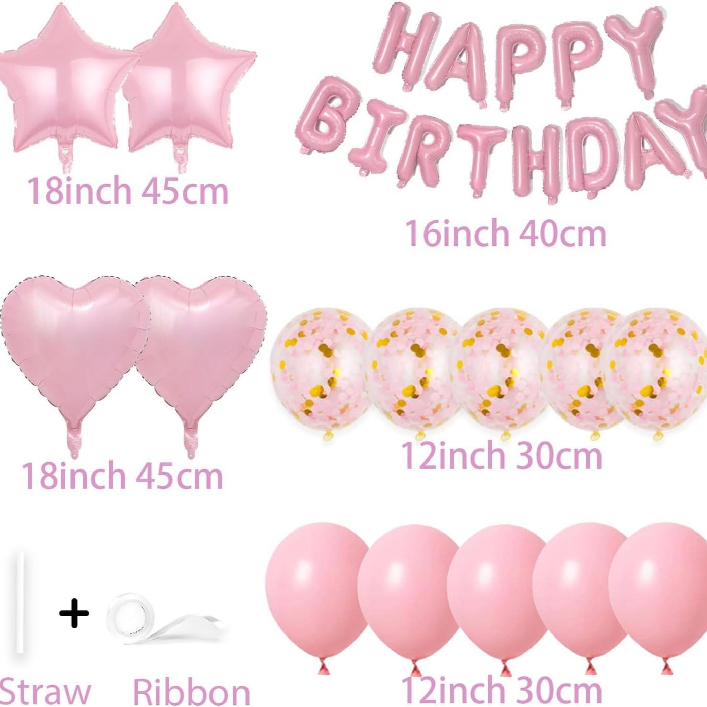 29 Pcs Pink Birthday Decorations, 3D Foil Pink Happy Birthday Balloon Banner, Pentagram Heart Foil Balloons Confetti Balloons Kit For Boys Girls Birthday Party Supplies