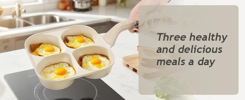 Multifunctional Non-stick Egg Frying Pan – 4 Holes Skillet with Wooden Handle, Medical Stone Omelet Maker for Pancakes, Burgers, Breakfast & Quick Cooking at Home.Non-stick Beige Cookware frying pan.Nonstick Woks