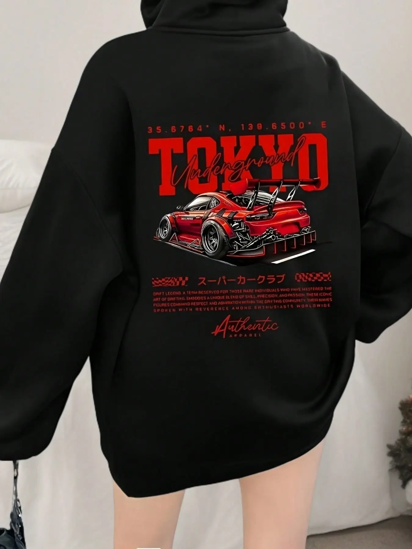 Women's Tokyo Subway Car Print Hoodie, Casual Loose-Fit Pullover with Drawstring and Pockets, Fall Winter Outerwear for Daily Wear