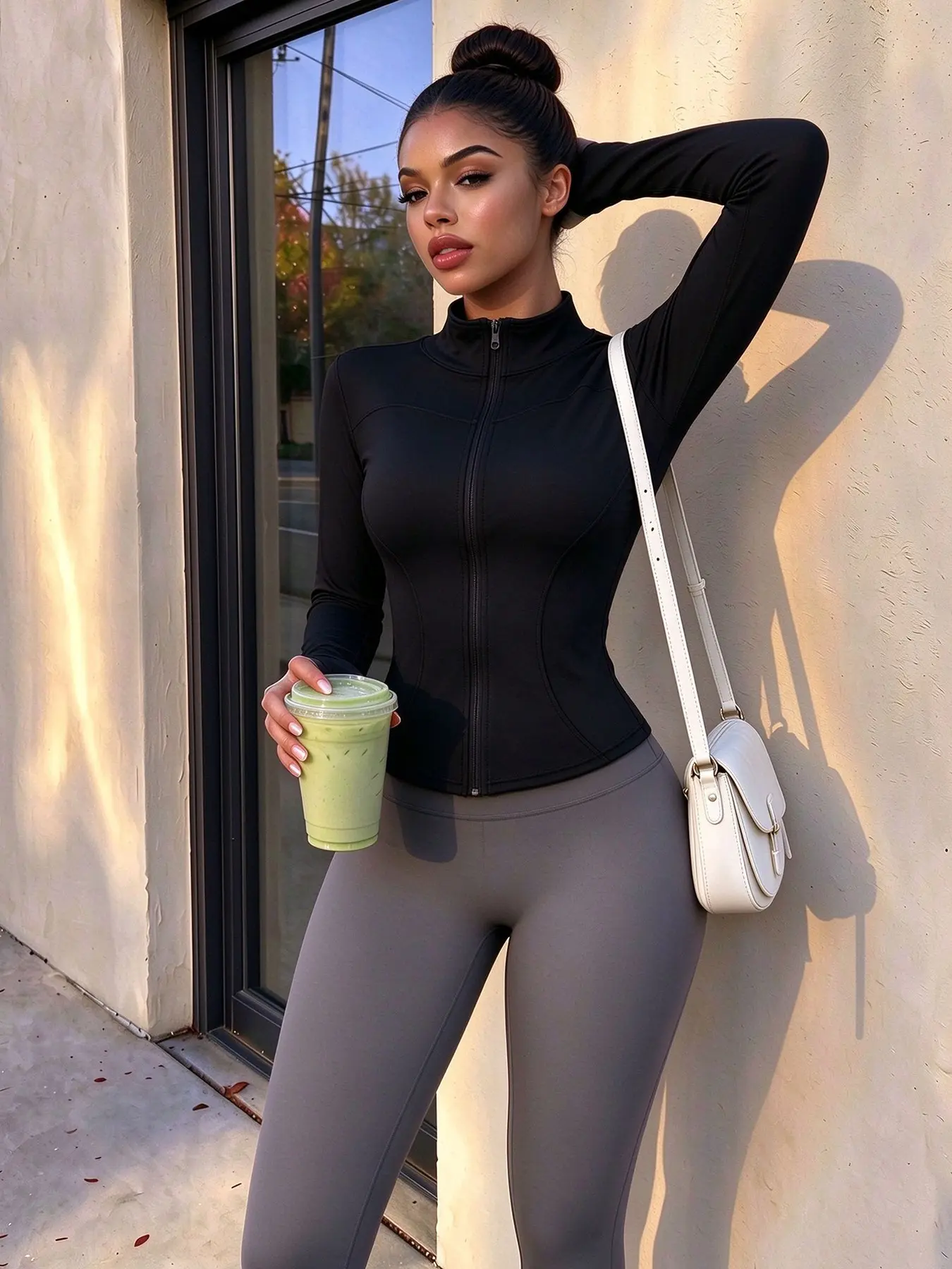 Women Stand Collar Zip Up Yoga Jacket, Slim Waist Shaping Long Sleeve Workout Top with Thumb Holes, 4-Way Stretch Breathable Skin-Friendly Athletic Jacket for Gym, Running, Pilates, Hiking & Everyday Streetwear