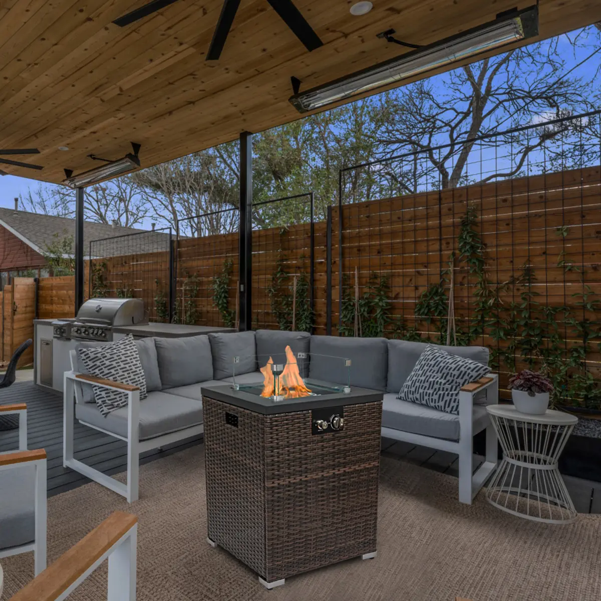 22 Inch Propane Fire Pit Table, 50,000 BTU Square Outdoor Gas Fire Table with Glass Wind Guard, Lid, Fire Glass and Rain Cover, Dark Brown PE Wicker Base, 2-in-1 Steel Firepit for Small Patio, Deck, Garden and Backyard