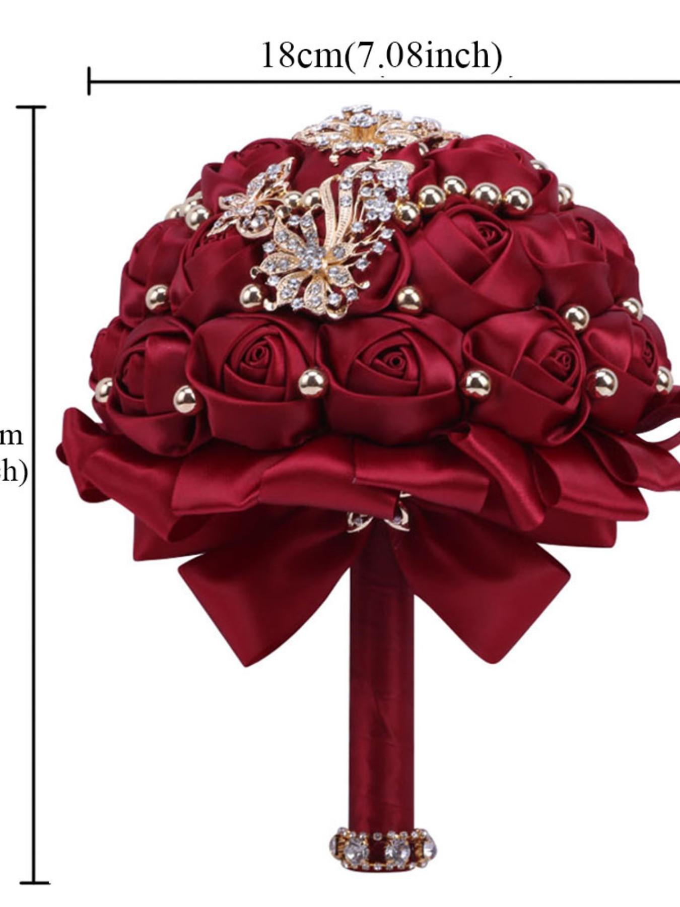 Handmade Ribbon Rose Bouquet, Artificial Roses, Faux Roses, Bride Bridesmaid Wedding Flower Bouquet, Rhinestone Alloy Decor, Valentine's Day Proposal Gift, Sweet 15 Quinceanera Bouquet Flowers