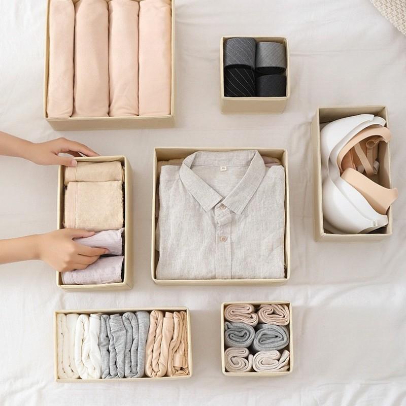 Foldable Fabric Storage Box Set of 6, Space-Saving Room Organizer, Foldable Divider, Neutral Color, for Closet and Dressing Table Drawers