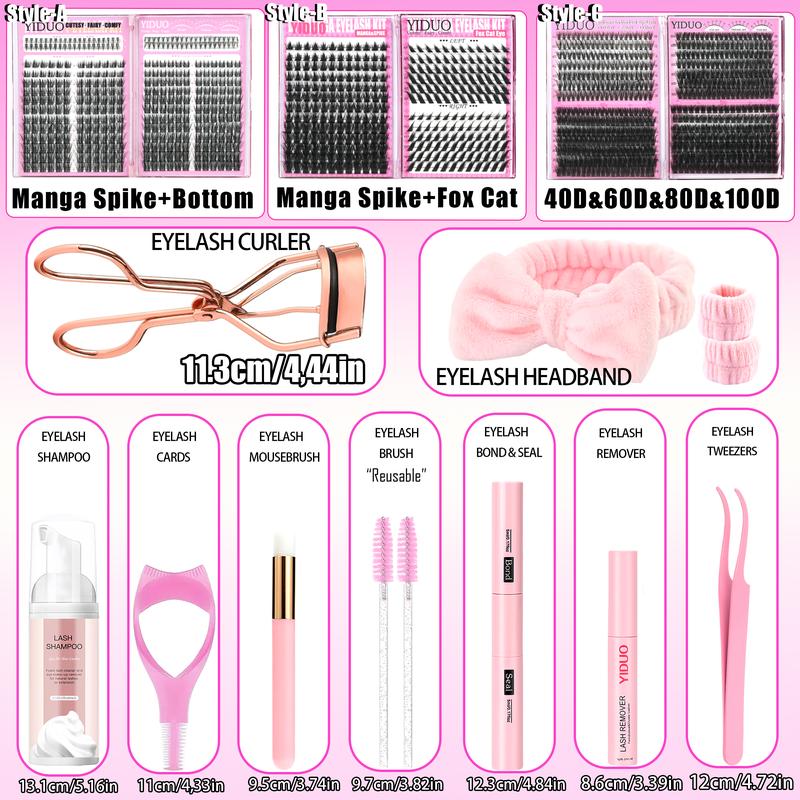 10 Style Mix Kit Manga Volume Spiky 40D/60D/80D/100D with Bottom Eyelash Extensions Kit D Curl Wispy 5-18mm Individual DIY lashes Clusters Kit with lash Bond and Seal, remover, lash curler, lash care products DIY Eyelashes Kit #TOP PICKS