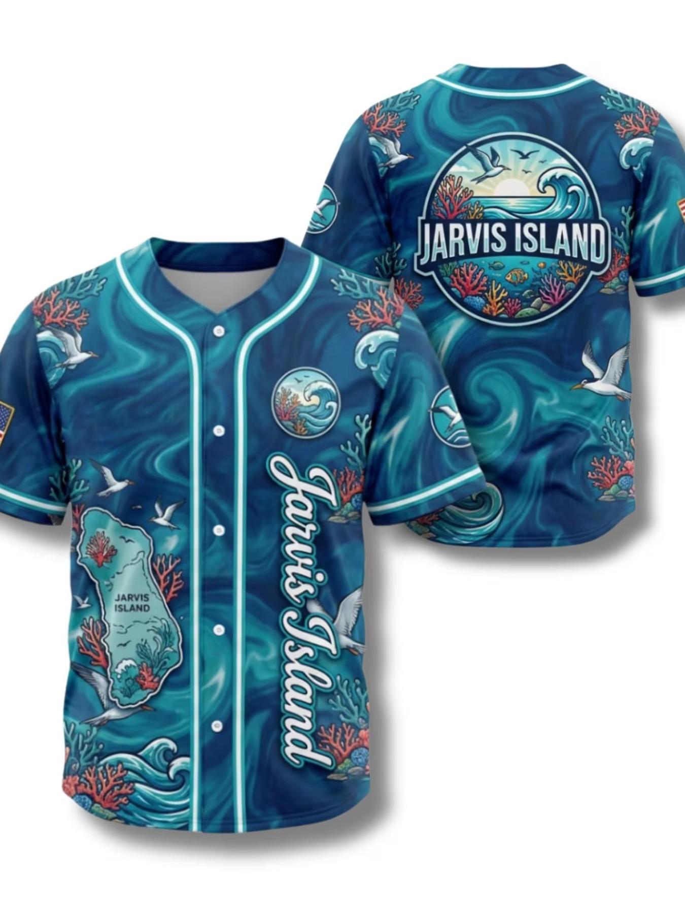 Unisex Casual Baseball Shirt, Jarvis Island Tropical Sports Tee, Baker Island Coral Reef Print, Button Front Short Sleeve, Loose Fit