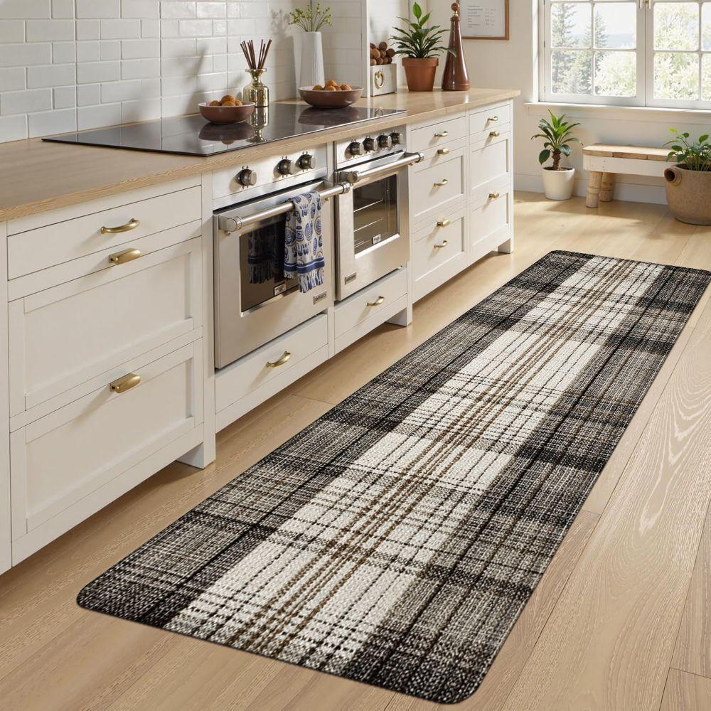 1PC， Spring Brown and White Plaid Fabric Patterned strip rugs, home décor, bathroom mats, entryway mats, bathroom non-slip mats, indoor entrance rugs, bedroom bedside mats, kitchen mats, hallway rugs, flannel sponge rugs, hallway runner rugs
