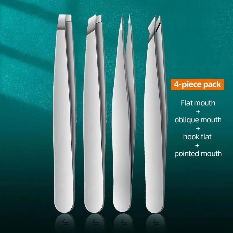 4-Piece Eyebrow Tweezers Set, Stainless Steel Slant Tip Tweezers for Men & Women, Precision Grooming Tool Kit, Eyebrow Styling Kit, Cosmetic Makeup Tool, Single Item Pack