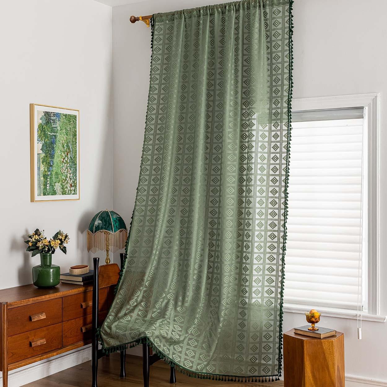 1panel Shibori Pattern Curtain, Fringe Edge Decoration, Rod Pocket Design, Bedroom Balcony Floor-To-Ceiling Window Curtains, Fresh Home Decor