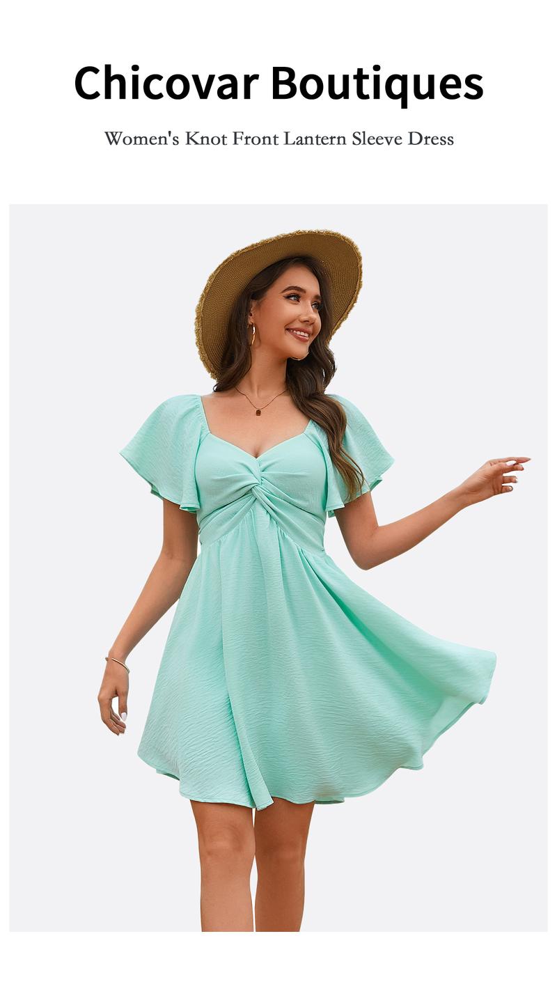 Chicovar Women's Summer Sweetheart NecklineKnot Front Flowy Mini Chiffon Dresses, Flutter Sleeve, Tie-Back, A-Line Cut, No Scratchy, No Sheer, Wedding Guest,Bridal Shower, Church, Party, Casual, or Daily Wear