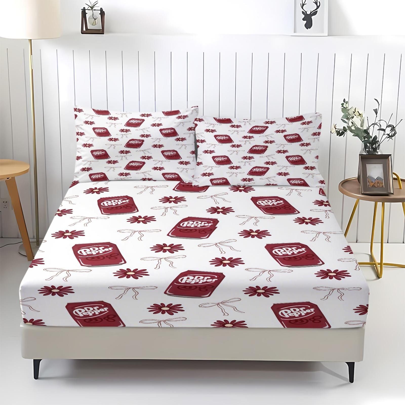 3 Piece Dr Pepper Cherry Fitted Sheet Set, 1 Fitted Sheet + 2 Pillowcases, Retro Soda Drink Pink Bow Bedding, Cute Girly Bedroom Decor for Soda Lovers, Ideal Gift for Dr Pepper Fans