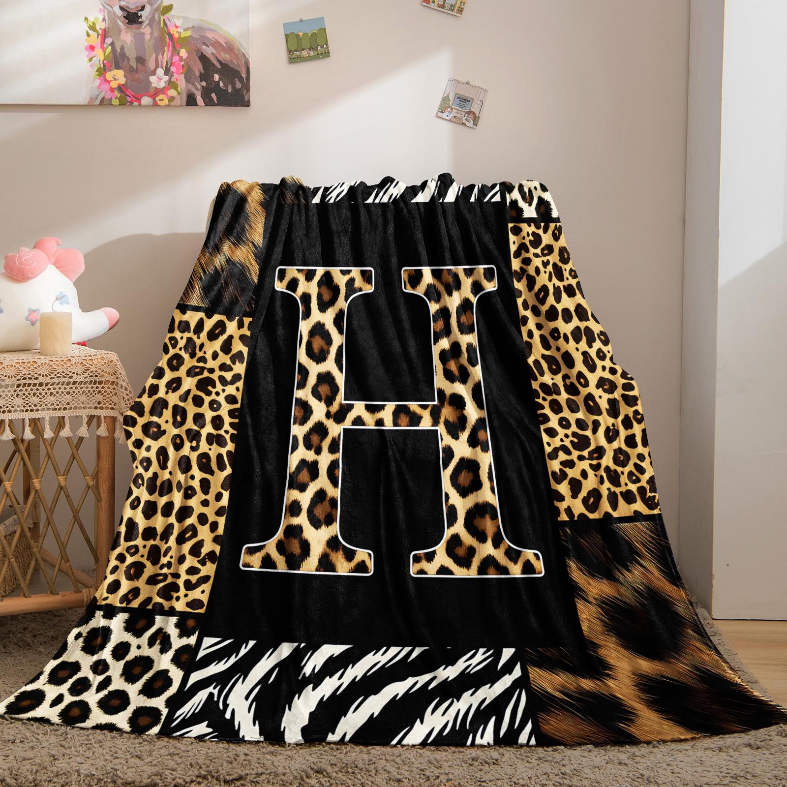 Animal Print Monogram Throw Blanket, Leopard Zebra Tiger Initial Soft Flannel Blanket for Sofa Bed, Gift for Animal Lovers