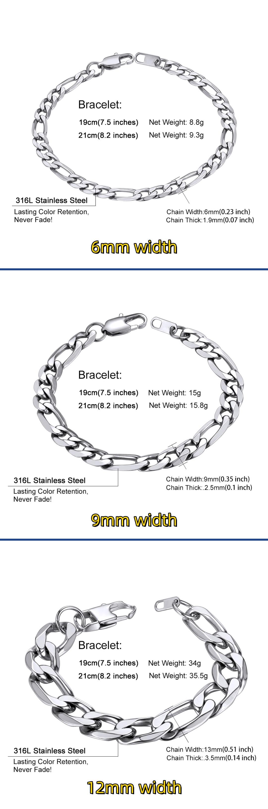 PROSTEEL Figaro Chain Link Bracelet Stainless Steel Stylish Men's Smooth Link Chain Width 6mm/9mm/13mm Hip Hop Chunky Jewelry For Men Women Gift Box