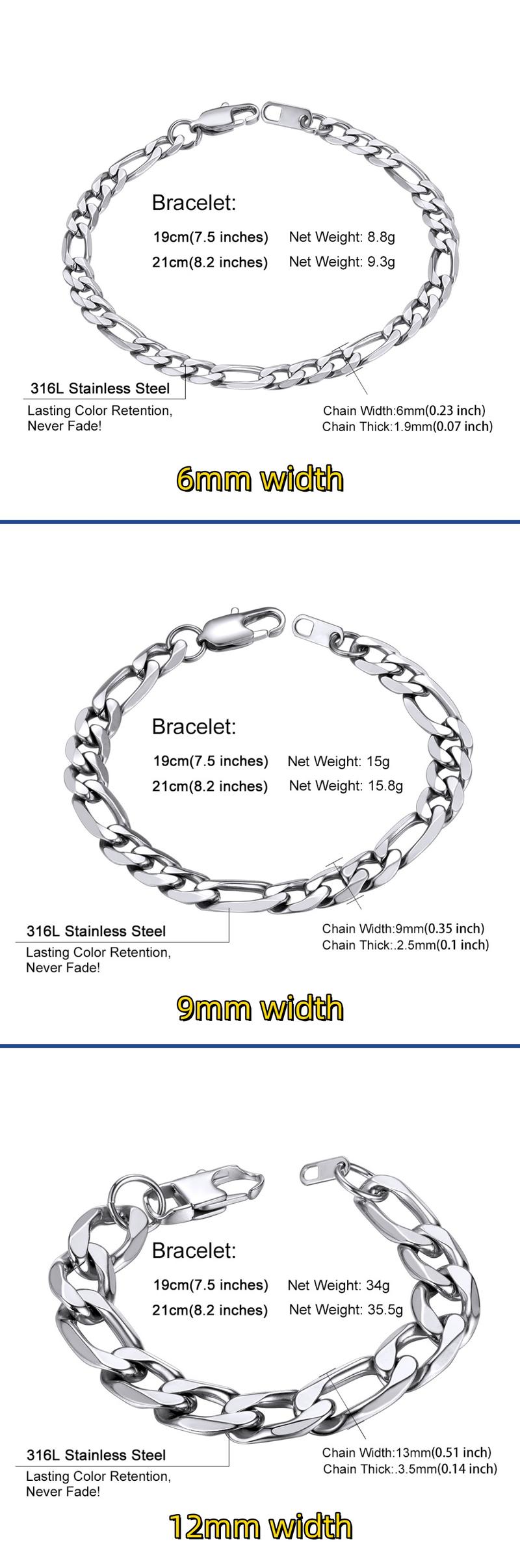 PROSTEEL Figaro Chain Link Bracelet Stainless Steel Stylish Men's Smooth Link Chain Width 6mm/9mm/13mm Hip Hop Chunky Jewelry For Men Women Gift Box