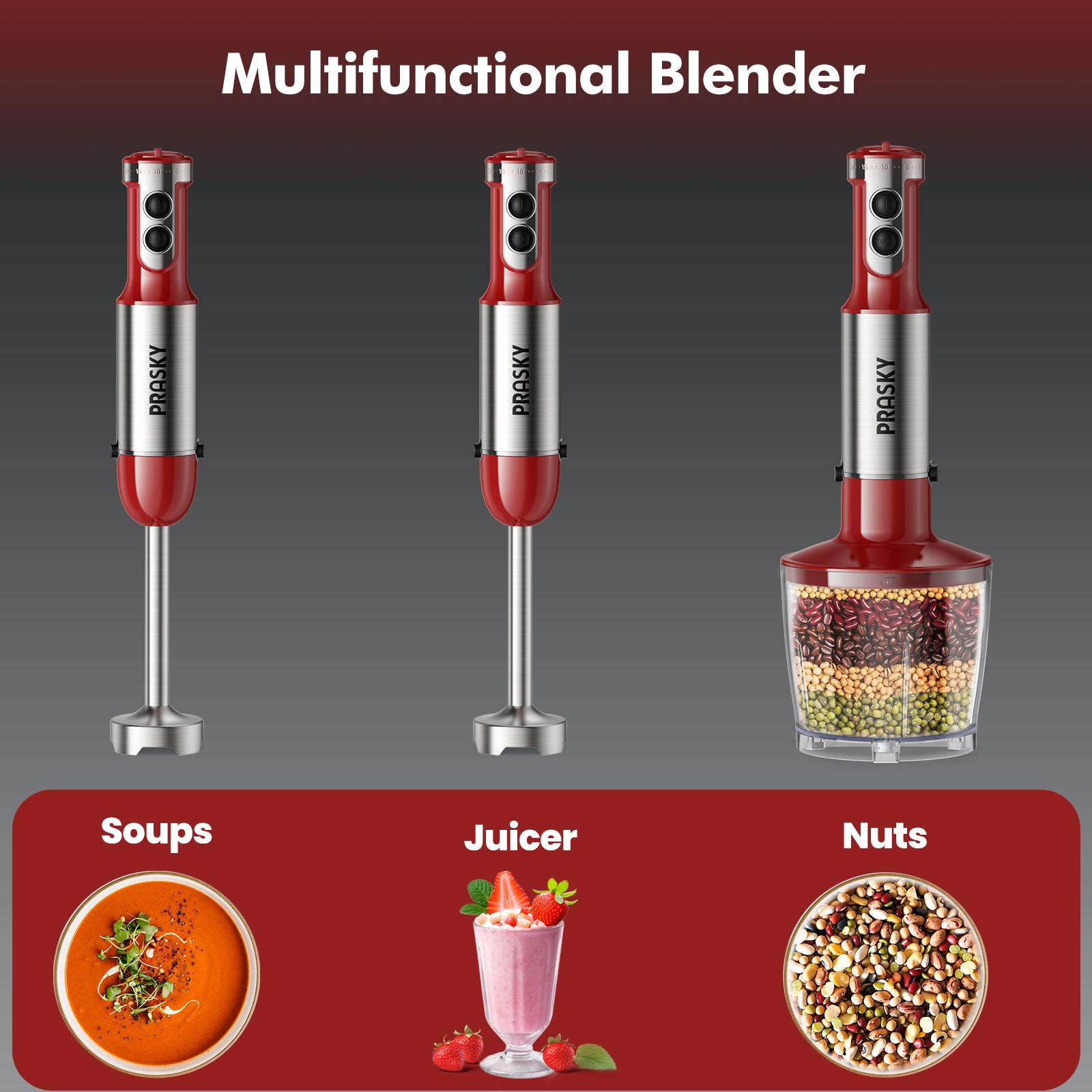 PRASKY Professional Hand Blender 1200W Motor 20 Speeds Modes with Turbo Stainless Steel Blade Egg Whisk Beaker Chopper Bowl Multi-Function Kitchen Stick Mixer for Soups, Smoothies, Baby Food & Juicer