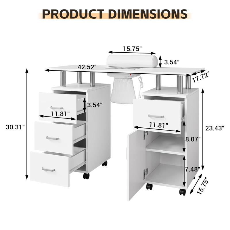 Beauty Salon Resistant with Drawers & Cabinet, Nail Desk Station for Nail Tech with Electric Downdraft Vent & Locking Castors & Wrist Cushion, Manicure Table Nail Desk for Spa Beauty Salon