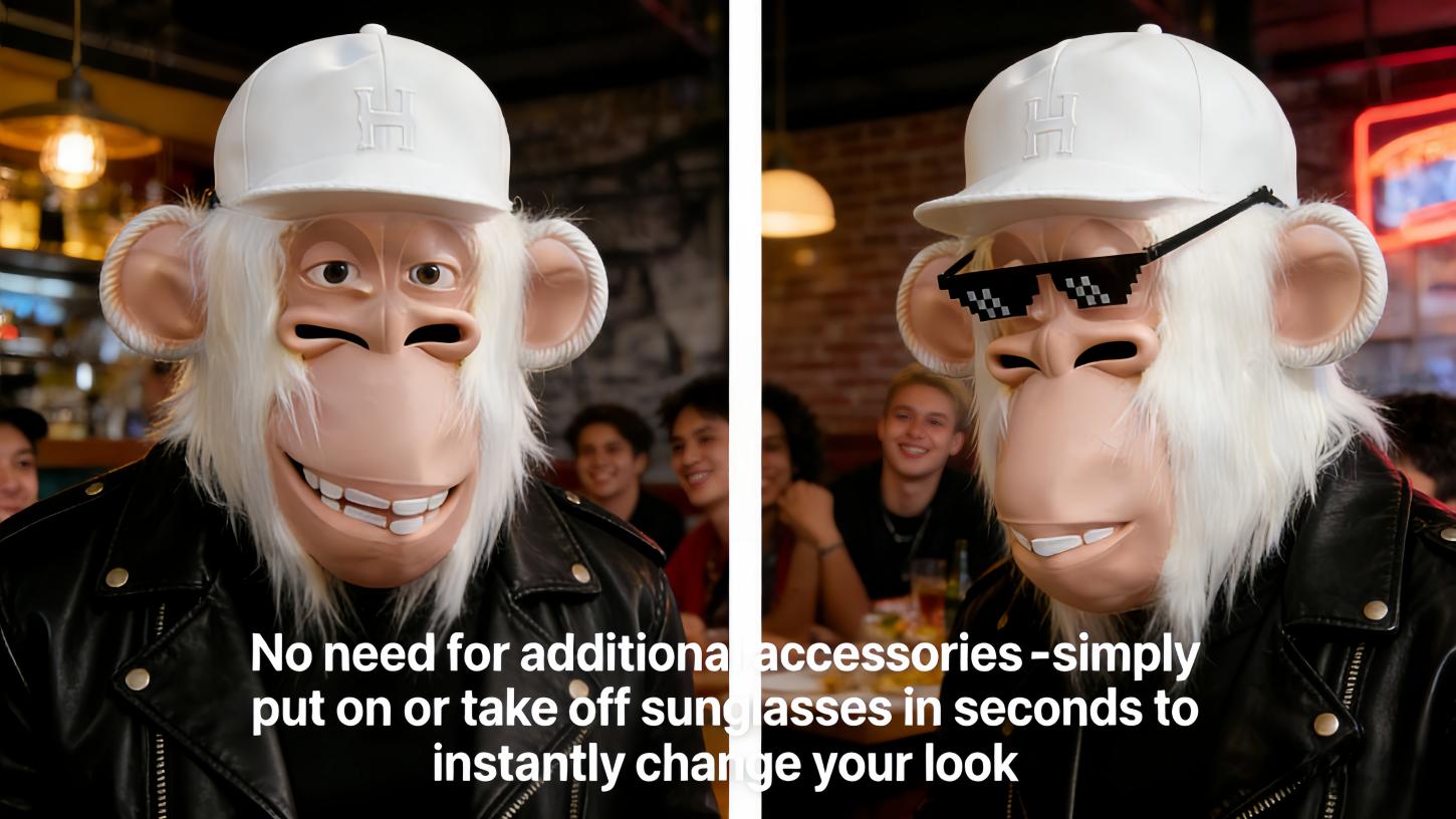 Novel monkey mask, fun white fur gorilla latex mask + adjustable pixel sunglasses, suitable for Halloween role-playing, parties, and social occasions