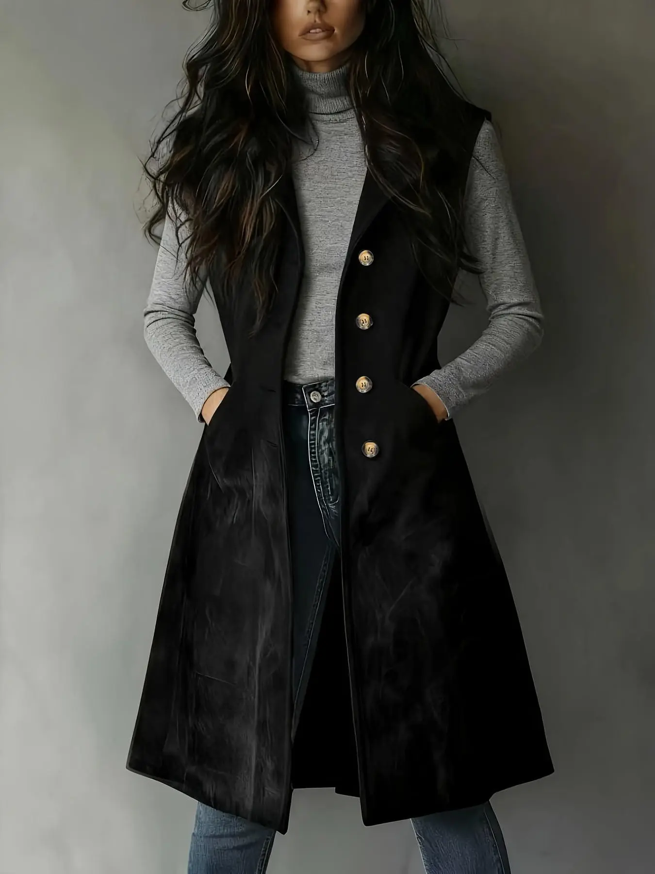 Vintage American Lapel Sleeveless Jacket Tops Women Medium-Length Commuter Versatile Vest, Casual Loose-Fit Drawstring Long Sleeve Tribal Pattern
