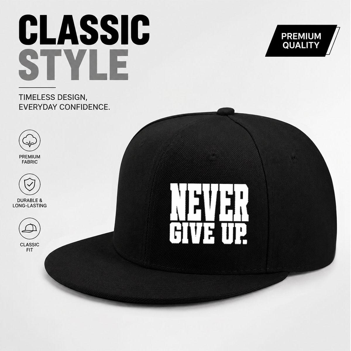 Unisex baseball cap with minimalist text "Never Give Up" printed flat brim design, multiple colors to choose from, adjustable size with code