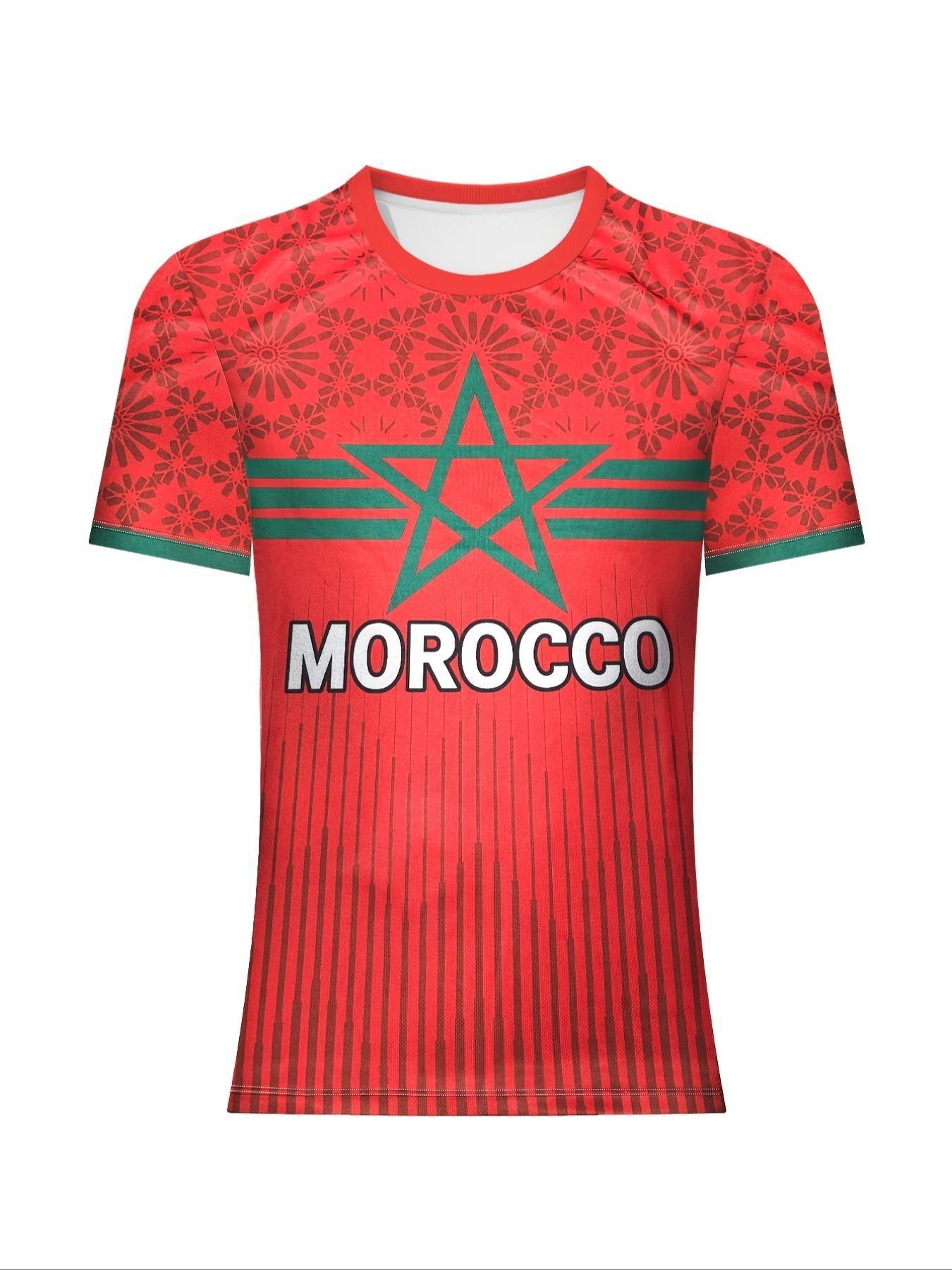 Men's Moroccan Soccer Jersey, Round Neck, Breathable Polyester Sport T-Shirt, Geometric Pattern, Slim Fit, Ideal for Casual and Outdoor Activities