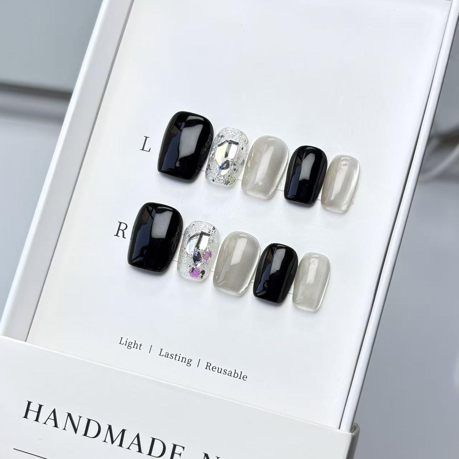 Boss Babe Exclusive Luxury Press Ons! Black White Color Block & Milk White Cat Eye & Exquisite Hand-Painted Big Diamond, Cool & Cute Vibe, Photo Ready