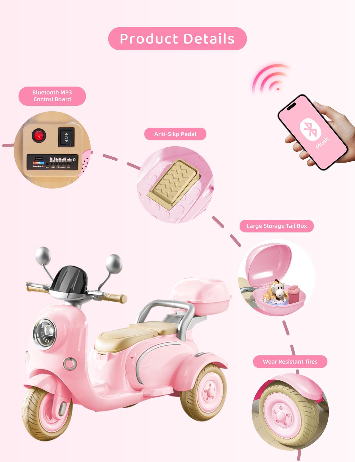 HEIMILI Electric Kids Motorcycle with Storage,Electric Scooter for 3 Year Old,3-Wheel 12V Ride On Scooter for Kids, Motorcycle for Girls, Ideal Moped for Girls Ages 3-6 Trike Bike Toddler Tricycle